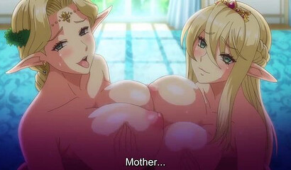 An elf queen and her princess daughter give a double blowjob in a hentai cartoon