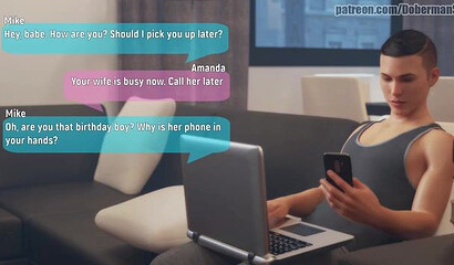 Cuckold husband in 3D cartoon talks on the phone with his wife fucking his lover