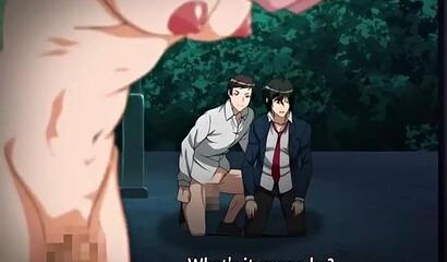 Anime hottie fucks two men on the street in front of a cuckold guy