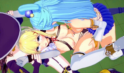 KONOSUBA FUTA AQUA, DARKNESS, AND WIZ FUCK IN SLUTTY COSTUMES