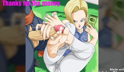 Footjob, blowjob and fuck with cartoon blonde Android 18 in porn pictures