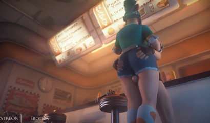 Juicy brunette Mei from Overwatch fucked between her thighs