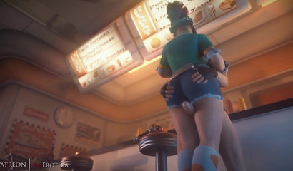 Juicy brunette Mei from Overwatch fucked between her thighs
