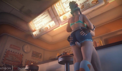 Juicy brunette Mei from Overwatch fucked between her thighs