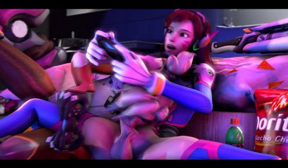 Futanari beauty D.Va fucked in the ass while playing on the console