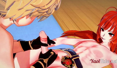 Cartoon gay Aether does blowjob to a Diluc friend and gets cum