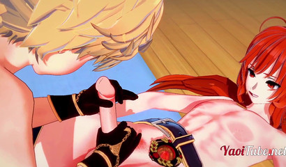 Cartoon gay Aether does blowjob to a Diluc friend and gets cum