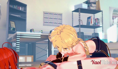 Cartoon gay Aether does blowjob to a Diluc friend and gets cum