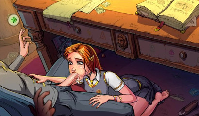 Innocent witch Ginny Weasley sucking Harry Potter off under the desk