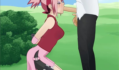 Cute pink-haired anime chick Sakura deepthroats a massive rod outdoors