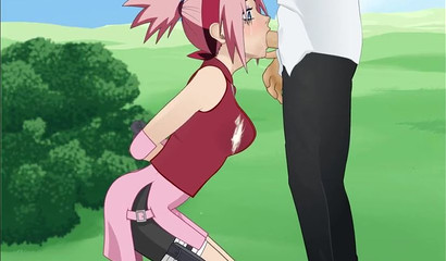 Cute pink-haired anime chick Sakura deepthroats a massive rod outdoors