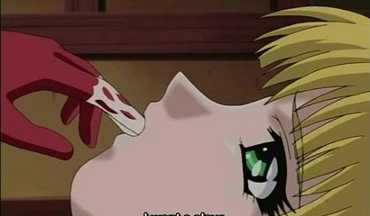 Busty hentai dominatrix Yuri polishing her pussy in leather costume