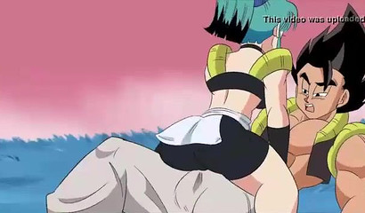 Busty blue-haired anime Bulchi riding Gogeta's big cock outside