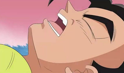 Busty blue-haired anime Bulchi riding Gogeta's big cock outside