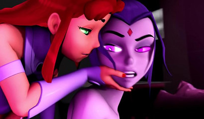 Devilish redhead Starfire drilling Raven's ass with magic dick