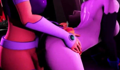 Devilish redhead Starfire drilling Raven's ass with magic dick