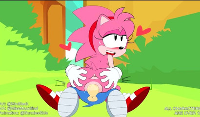 Innocent cartoon sweetie Amy Rose riding Sonic The Hedgehog outside