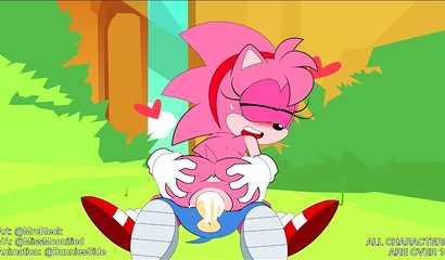 Innocent cartoon sweetie Amy Rose riding Sonic The Hedgehog outside