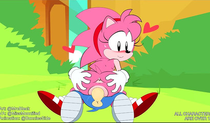 Innocent cartoon sweetie Amy Rose riding Sonic The Hedgehog outside