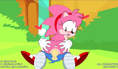 Innocent cartoon sweetie Amy Rose riding Sonic The Hedgehog outside