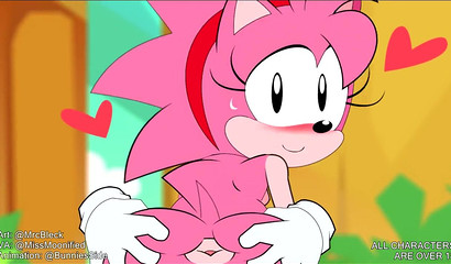 Innocent cartoon sweetie Amy Rose riding Sonic The Hedgehog outside