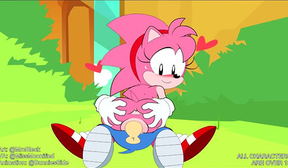 Innocent cartoon sweetie Amy Rose riding Sonic The Hedgehog outside