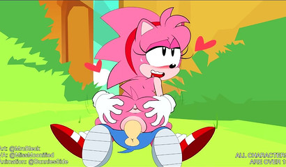 Innocent cartoon sweetie Amy Rose riding Sonic The Hedgehog outside