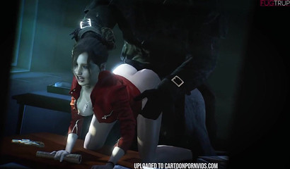 Busty 3D brunette Claire Redfield takes Mr X's huge dick from behind