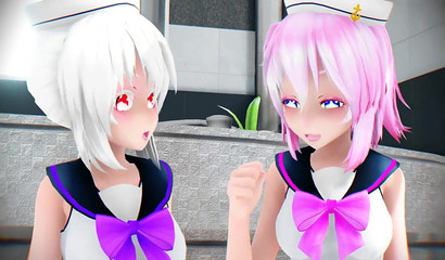 Shy brunette hentai princess worshiping white-haired trio's feet