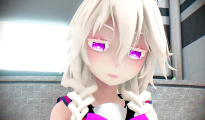 Shy brunette hentai princess worshiping white-haired trio's feet