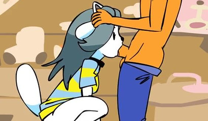Cute blue-haired cartoon furry deepthroating a huge cock