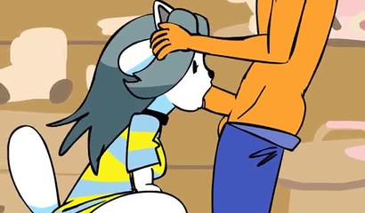 Cute blue-haired cartoon furry deepthroating a huge cock