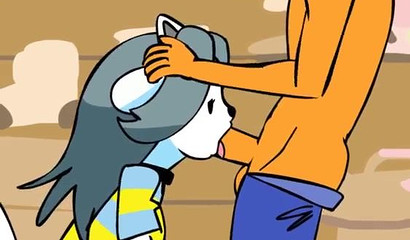 Cute blue-haired cartoon furry deepthroating a huge cock