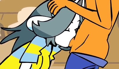 Cute blue-haired cartoon furry deepthroating a huge cock