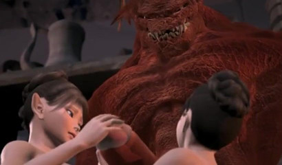 Huge 3D red monster drilling tiny hotties with massive cock