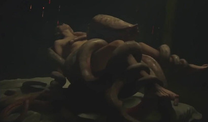 Kinky brunette cutie bound and drilled with huge tentacles