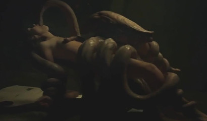 Kinky brunette cutie bound and drilled with huge tentacles