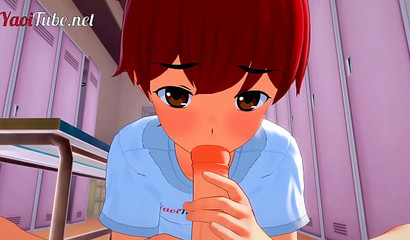 Tiny 3D redhead anime guy deepthroating big cock in the locker room