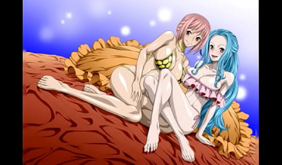 Delicious blue-haired anime cutie Nami scissoring shy chick