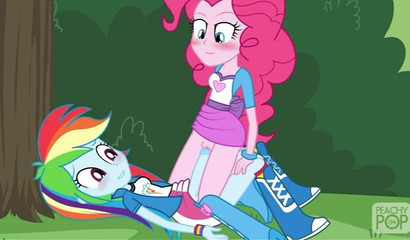 Horny cartoon pony Pinkie Pie riding Rainbow Dash's big dick