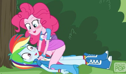 Horny cartoon pony Pinkie Pie riding Rainbow Dash's big dick
