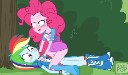 Horny cartoon pony Pinkie Pie riding Rainbow Dash's big dick