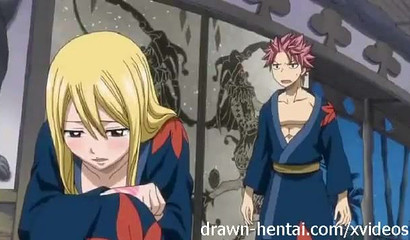 Shy anime blonde Lucy milking huge cock in missionary