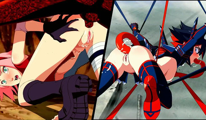 Slutty anime hottie Ryuko and Sakura toy with their wet cunts