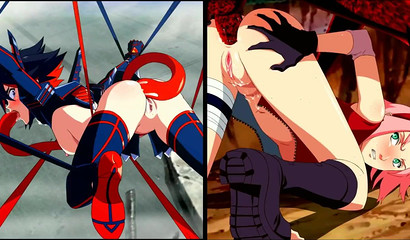 Slutty anime hottie Ryuko and Sakura toy with their wet cunts