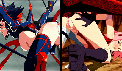 Slutty anime hottie Ryuko and Sakura toy with their wet cunts