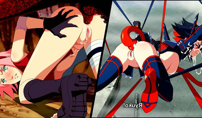 Slutty anime hottie Ryuko and Sakura toy with their wet cunts