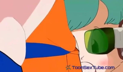 Naughty blue-haired anime Bulma taking two cocks in a threesome