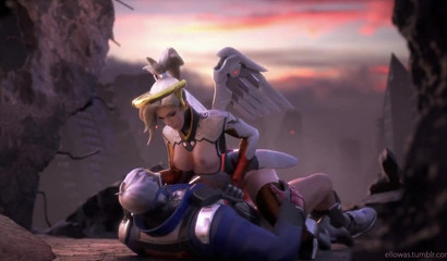 Blonde Mercy from Overwatch in an animated porn compilation