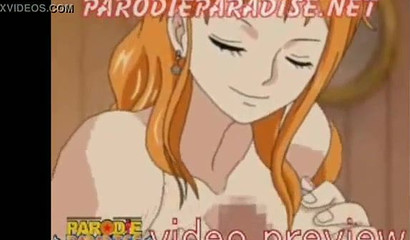 Busty anime redhead Nami gets her holes stuffed from behind